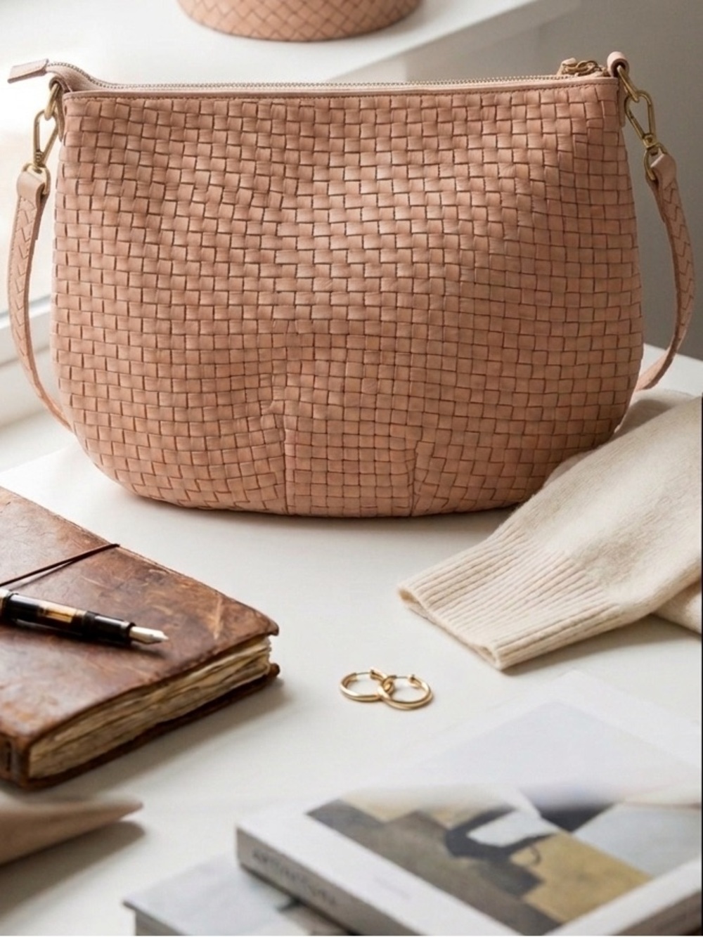 Clare V Woven Leather Shoulder Bag in Blush Tan